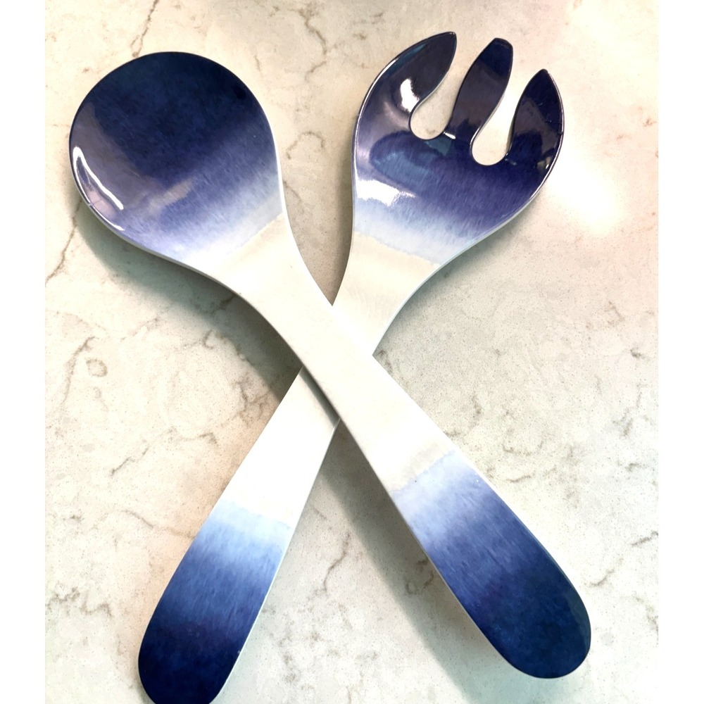 Salad Serve  Spoon Fork‎ Blue White Ombre Melamine Serving Utensils - Picture 10 of 11